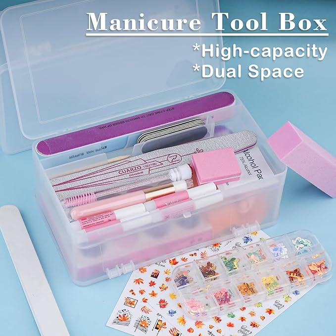 Plastic Storage Personal Box for Nail, 2 Pack Double-Layer Nail Implement Storage Box Organizer Case Manicure Tool Box for Nail Pedicure Supply Tools (C-clear-2pcs)
