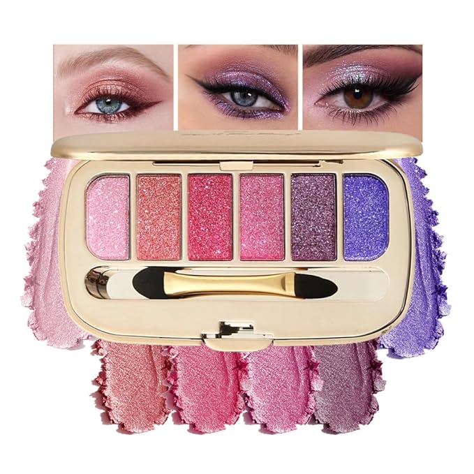 6-Color Glitter Eyeshadow Palette – High Pigment Shimmer Metallic Eye Shadow Kit, Long-Lasting Blendable Sparkle Shades for Daily Makeup, Party Glam, Festival & Creative Eye Looks 02#