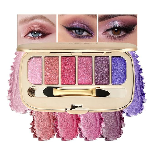 6-Color Glitter Eyeshadow Palette – High Pigment Shimmer Metallic Eye Shadow Kit, Long-Lasting Blendable Sparkle Shades for Daily Makeup, Party Glam, Festival & Creative Eye Looks 02#