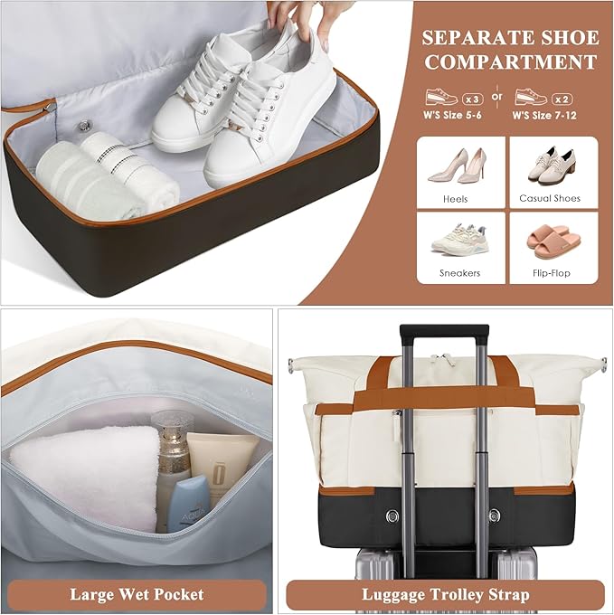 ETRONIK Gym Bag for Women, 45L Carry On Travel Duffel Bag with Shoes Compartment, Weekender Overnight Bag with Wet Pocket & USB Charging Port for Women, Travel, Gym, Weekend, Large Size (Beige)