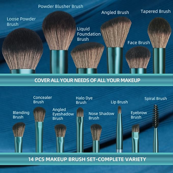 BS-MALL 14 Pcs Makeup Brushes Set with 1 Pcs Makeup Sponge – Essential Foundation Powder Concealers, Eye Shadows, Blush Makeup Brushes with Travel Makeup Case (Z-Blue)