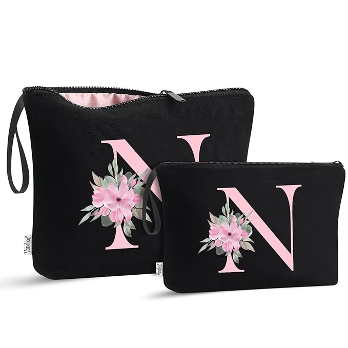Vavabox A-Z Personalized Makeup Bag, Birthday Gifts for Women Mom, Gifts for Best Friend, Bride Bridesmaid Cosmetic bag (N, 04-Black Set)