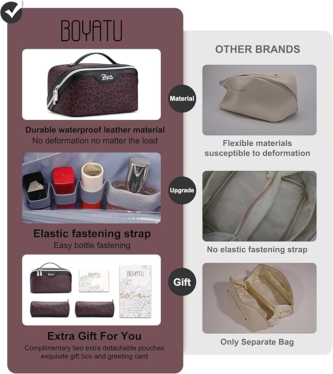 BOYATU Travel Makeup Bag for Women: 3 Pcs Set Portable Make up Bags with Handle - Leopard Print Cosmetic Bags with Comparments - Waterproof Vegan Leather Toiletry Bag (10-Red)