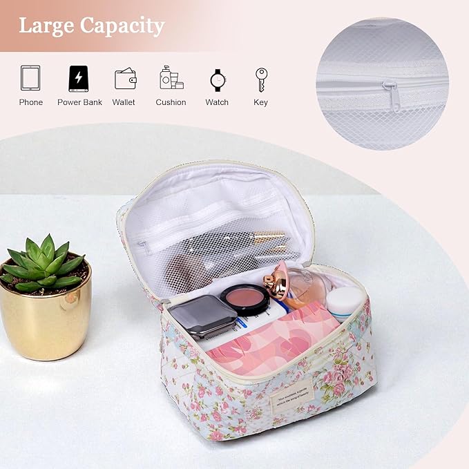 VIWIME Makeup Cosmetic Bag, Large Cotton Quilted Travel Coquette Aesthetic Cute Floral Make up Bag for Women Toiletry Bag Organizer (304-PinkPuzzle)