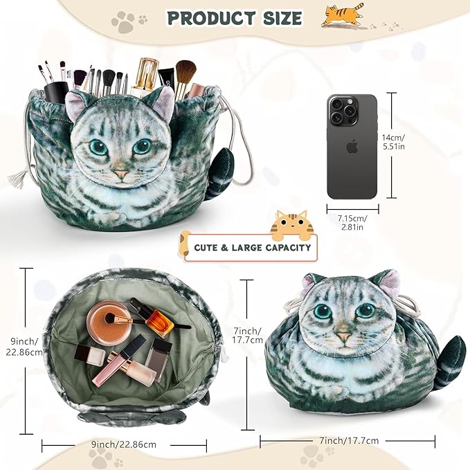 Cat Shaped Drawstring Makeup Bag for Women - Grey Tabby Cat Design Cosmetic Case