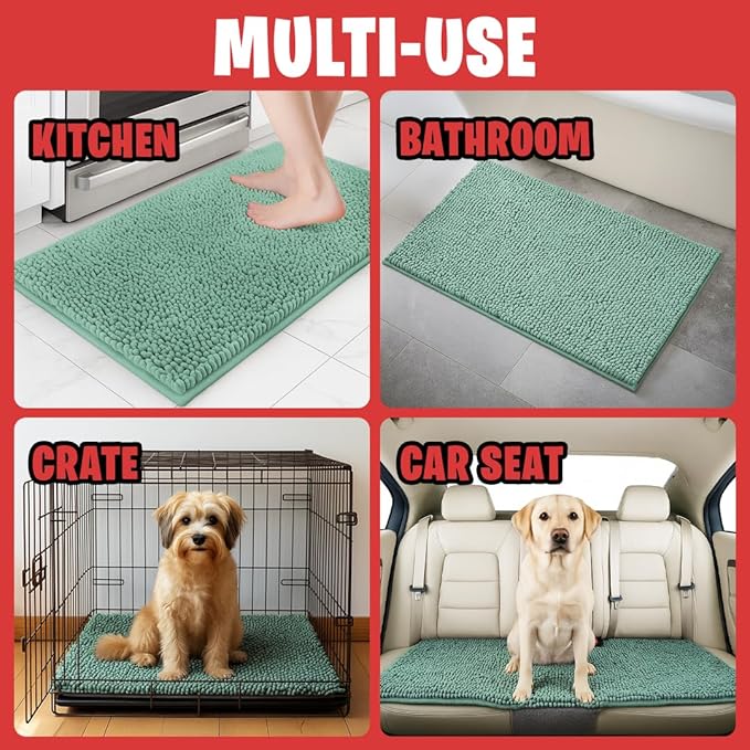 MudGuard Mat™ Dog Door Mat for Muddy Paws, Super Absorbent Microfiber, Non-Slip Indoor Mat, Quick Dry Chenille Mud Mat for Dogs & Entryway, Washable, Sea Green 16" x 24"
