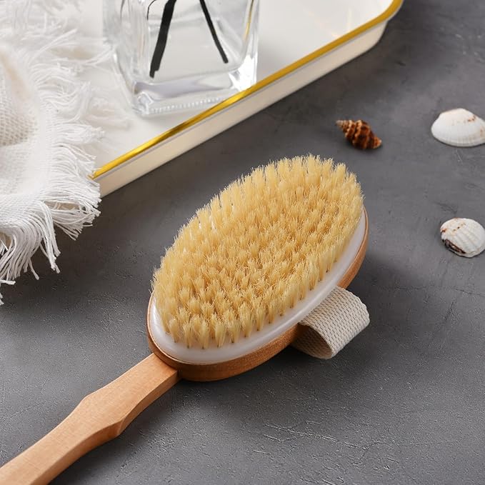 Dry Brushing Body Brush Set – Natural Bristle Spa Exfoliator Kit with Face Cleansing Brush, Long Dry Brushing Body Brush for Lymphatic Drainage & Massaging Cellulite Brush for Smooth, Radiant Skin