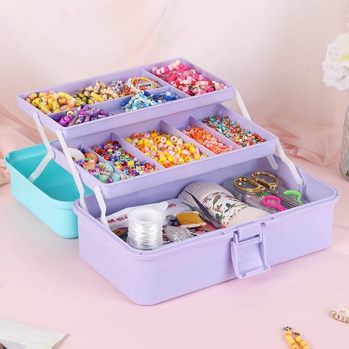 OUTUXED 12.5inch 3-Layer Multipurpose Craft Organizers, Portable Folding Toolbox, Plastic Tool Box with Handle for Sewing Supplies, Medicine, Art Supplies, Nails and Hair Accessories