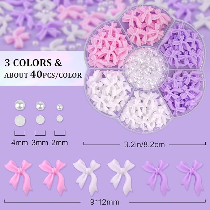 120 Pcs 3D Nail Bow Charms + 2-4mm Nail Pearls Set 9, Pink White Lilac Bow Nail Charms and White Flatback Pearls with Nail Charm Glue Gel(UV Needed) and Pickup Tools for Nail Art Decoration