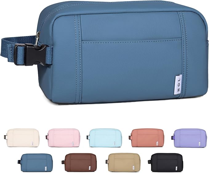 NOL Natural Organic Lifestyle Nylon Waterproof Makeup Bag Lightweight Travel Toiletry Bag for Adults, Reusable, Zip Closure with Buckle Handle, Snack Bag, Travel Cosmetic Bag, Dusty blue