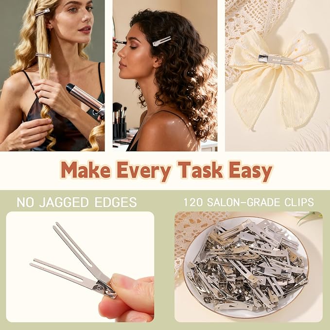 120pcs Double Prong Curl Clips, Metal Hairpins for Hair Styling and Bows, Salon-Grade Hair Clips for Curling (Silver)