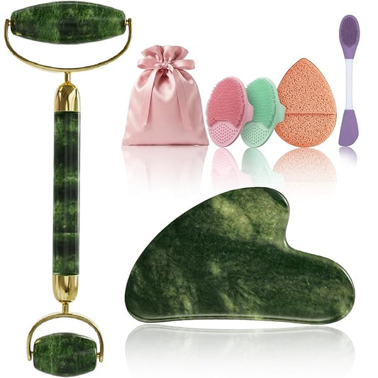 Rena Chris Gua Sha and Face Roller Set: Face Skin Care Tools with Facial Cleansing Brush, 2 Silicone Scrubber Pads & Face Sponge, Travel Bag, Self Care Gift