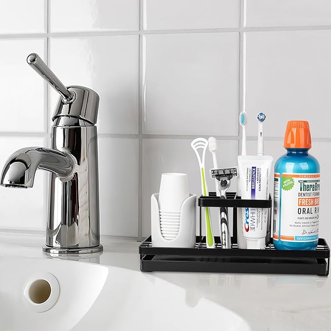 Toothbrush Holders for Bathrooms, Carbon Steel Tooth Brushing Holder Electric Toothbrush and Toothpaste Organizer Bathroom Accessories for Countertop, Shower, Sink, 5 Slots, Matte Black