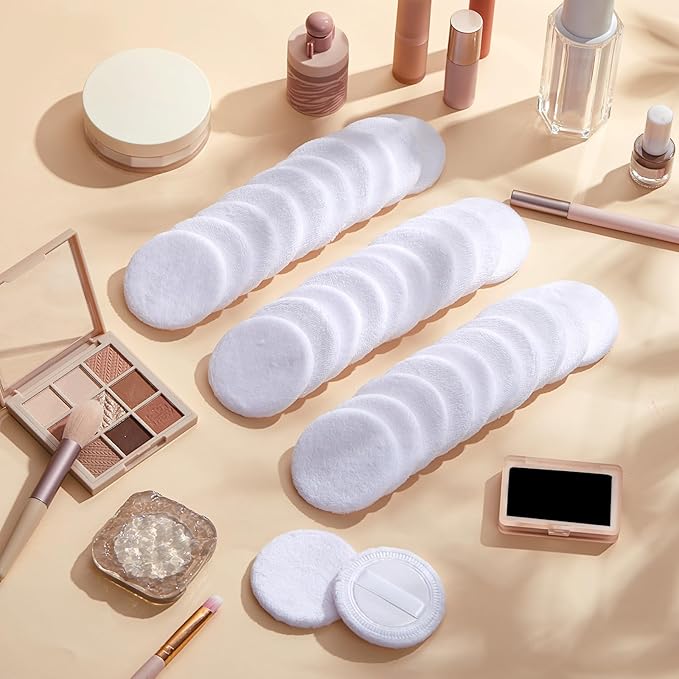 40 Pcs Cotton Powder Puffs Bulk Washable, 2.36 Inch Round Makeup Dusting Powder Puff with Ribbon for Loose and Pressed Powderface Body Cosmetic, White