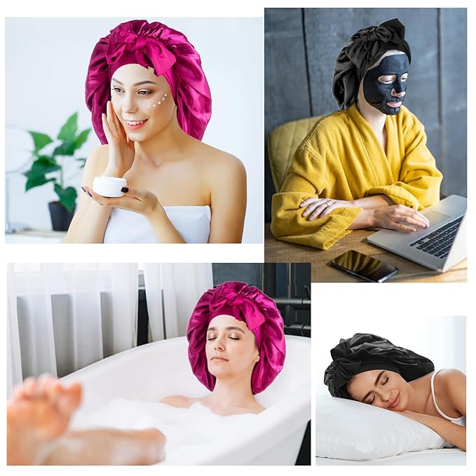 Arqumi Pack of 2 Satin Sleeping Bonnet, Large Sleep Bonnet with Long Strap,Reduce-Friction Prevent-Frizz Curly Hair, Adjustable Sleep Cap Hair Bonnet for Women & Men, Black+Rosy