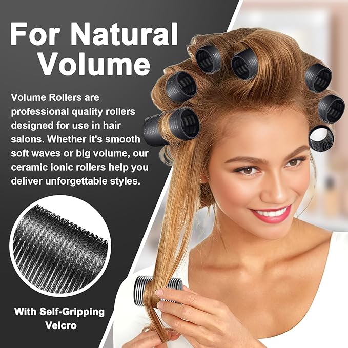 HYOUJIN 18 Pcs Thermal Hair Rollers,Self Grip Jumbo Thermal Curlers Set,Large Rollers for Women,Heatless Curlers for Blowout Volume and Curling Look for Long,Short Hair(Black,60 48,36mm)