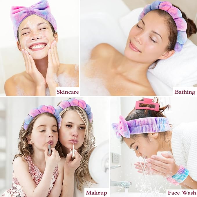 Canitor Spa Headband Wrist Bands with Hair Clips Skincare Makeup Self Skin Care Washing Face Vanity Accessories Things Teens Teenager Tween Clean Girl Gifts Cute Tie Dye Trendy Stuff