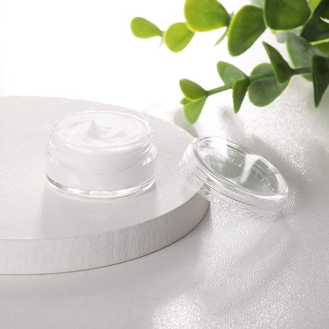 Refillable Cosmetic Sample Jars - 100 Pack 10g (0.35oz) Clear Small Travel Containers with Lids + 10 Mini Makeup Spatulas - BPA Free
