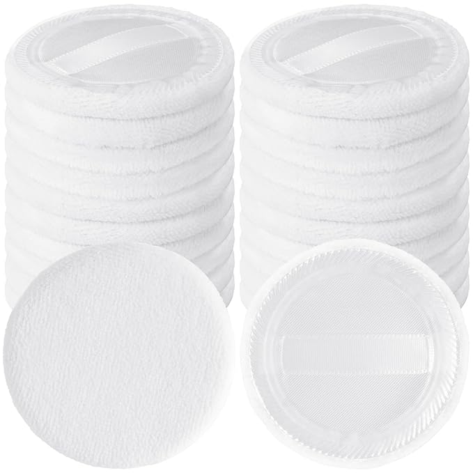 25 Pack 60mm Round Powder Puffs for Foundation Makeup Applicators, Soft Cotton Skin-Friendly Face Powder Sponge Velour Velet Puffs Pads for Cream Cosmetics- White