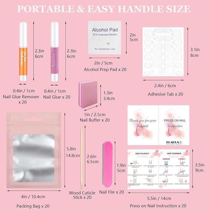 20PCS Press On Nail Tool Kit: Nail Prep Kit with Glue, Remover, Mini File, Buffer, Prep Pad, Adhesive Tabs, Wood Stick, Instruction Card