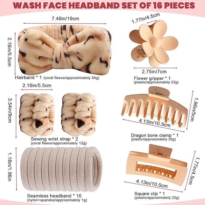 16 Pcs Skincare Headband Set, Face Washing Headband with Wristbands, Hair Claw Clips & Hair Ties, Spa Headbands for Women Girls, Perfect for Facial, Makeup, Shower, Gift Ready Box