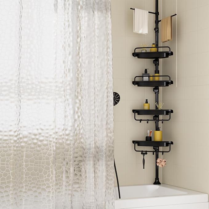 32-122inch Corner Shower Caddy Tension Pole with Shower Curtain, Rustproof Drill-Free Adjustable Shower Shelves for Bathroom Bathtub Washbasin, with 4 Tier Patent Stable Shelves & Towel Bars