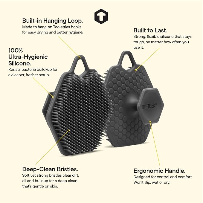 TOOLETRIES Men’s Face Scrubber 2.0 - Silicone Facial Cleansing Brush for Daily Use, Larger Surface Area, Longer Bristles for Deeper Exfoliation, Quick-Dry Design, with Hang Loop - Charcoal