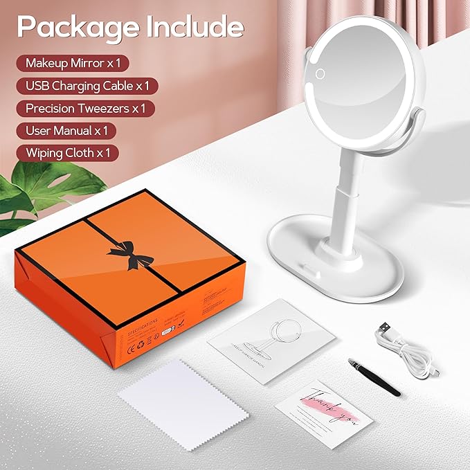 B Beauty Planet Vanity Mirror with Lights, 30X Magnifying Makeup Mirror with 3 Lighting and Adjustable Brightness, Rechargeable 2-Sided Height Adjustable Desk Mirror for Bathroom, Gift for Women White