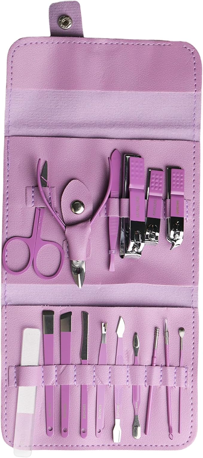Manicure Pedicure Kit, Purple, Stainless Steel, 18-Piece Set with Portable Travel Case, Nail Clippers, Scissors, Cuticle Tools