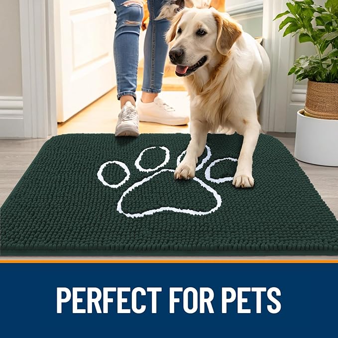 OLANLY Dog Door Mat for Muddy Paws 36x24, Paw Print Design, Absorbs Moisture and Dirt, Absorbent Non-Slip Washable Doormat, Quick Dry Chenille Mud Mat, Entry Indoor Entryway Carpet, Blackish Green