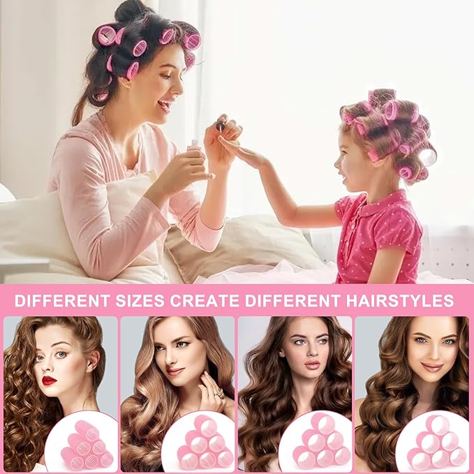 4 Sizes Hair Rollers for Women, 50 Pcs Hair Curler Rollers with Clips, Self Grip Hair Rollers Set for Long, Short Hair and Bangs, 25mm, 36mm, 48mm, 60mm, Pink