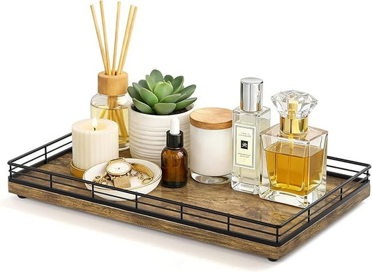 Large Bathroom Vanity Tray – 13" x 8" Decorative Wooden Tray for Bathroom Countertop & Vanity Organizer, Wood Tray for Perfume, Skincare Accessories Storage, Vanity Dresser Decor Black & Rustic Brown