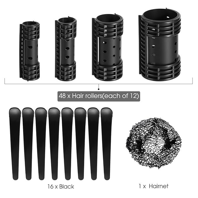 WILLBOND 65 Pieces Magnetic Hair Rollers Set Plastic Rollers Curlers with Clips 4 Sizes for Long Medium Short Hair, Duck Clips Hairnet Hairdressing Styling Tool(Black)