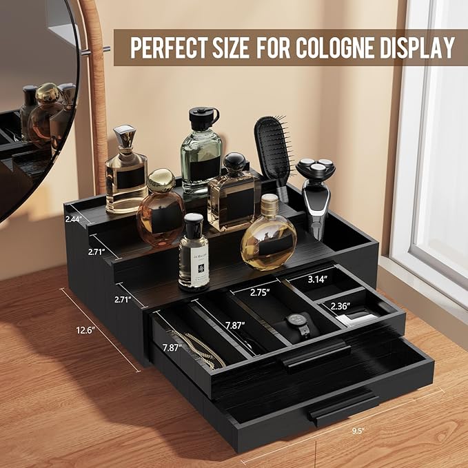 Cologne Organizer for Men,3 Tier Cologne Stand with 2 Drawer and Side Extended Storage Space,Wood Perfume Stand Organizer，Great Gift Packing Box for Men and Women-Black