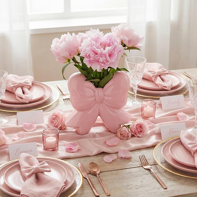 Bow Vase Coquette Ceramic Vase Pen Holder Makeup Brush Holder Contemporary Design Decorative Women Gift for Christmas Home Office Shelf Table Room(Pink,Small,Classic)