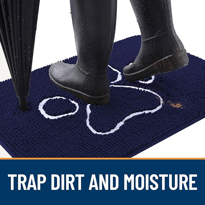 OLANLY Dog Door Mat for Muddy Paws 59x35, Paw Print Design, Absorbs Moisture and Dirt, Absorbent Non-Slip Washable Doormat, Quick Dry Chenille Mud Mat for Dogs, Entry Indoor Entryway Carpet, Navy Blue