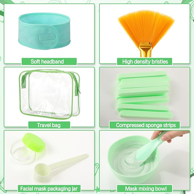 LemonRoad 34 Pcs Esthetician Facial Supplies Include Facial Bowls Brushes Jars Measuring Spoons Hairbands Esthetician Essentials Valentines Gift Set For Women(Green)