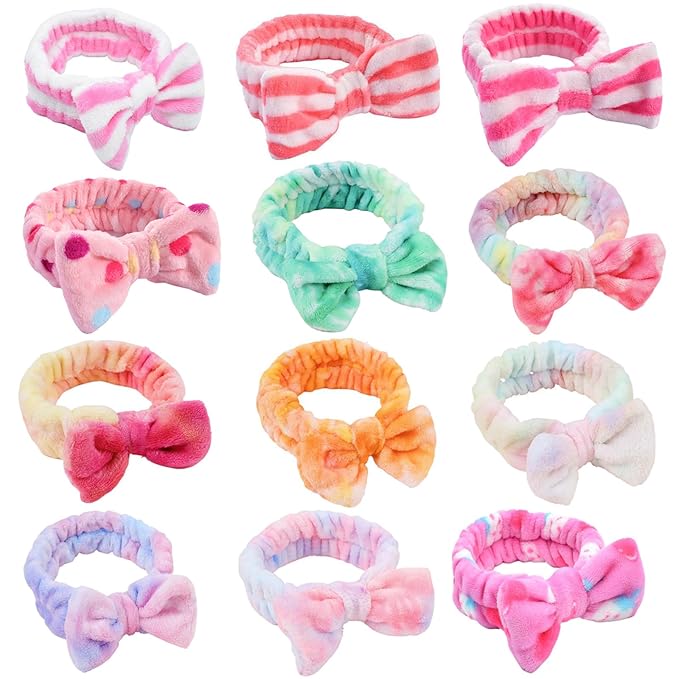 12pcs Spa Headband Soft Bowknot Spa Hair Band Coral Fleece Headband Makeup Headbands for Face Washing Skin Care Shower Yoga Headwraps for Women Girls (Dot Stripe Pattern)