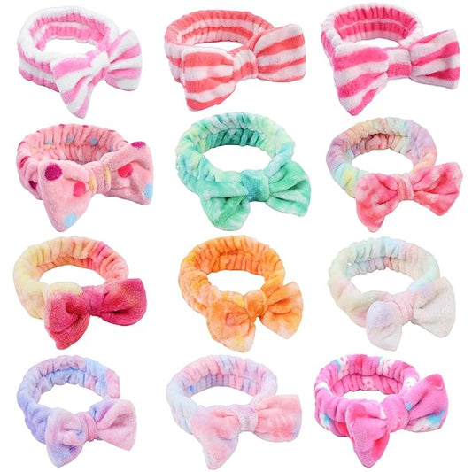 12pcs Spa Headband Soft Bowknot Spa Hair Band Coral Fleece Headband Makeup Headbands for Face Washing Skin Care Shower Yoga Headwraps for Women Girls (Dot Stripe Pattern)