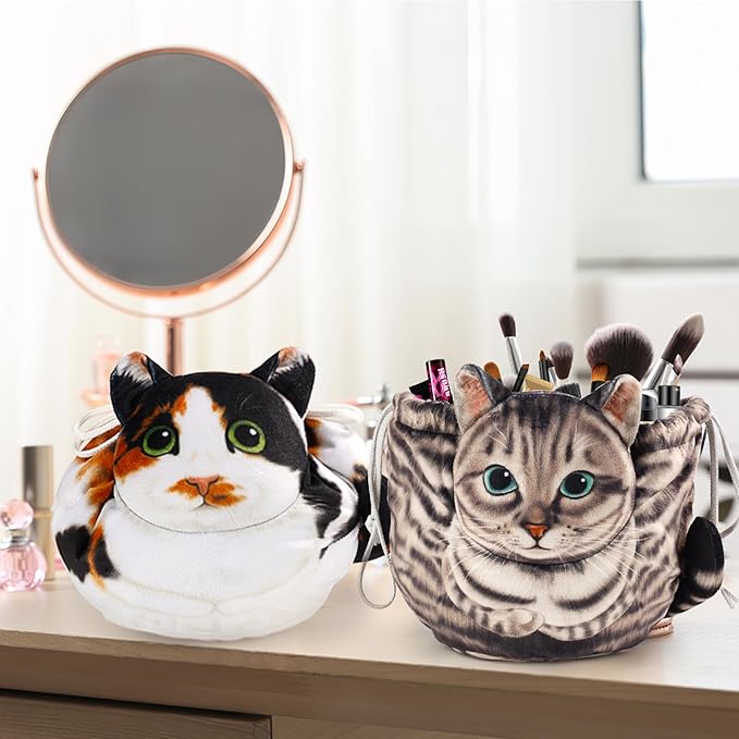 Openhaha Drawstring Travel Makeup Organizer, Cosmetic Pouch Bag, Cat Gift for Women, Lay Flat Makeup Bag Gifts for Cat Lovers (2-Pack)