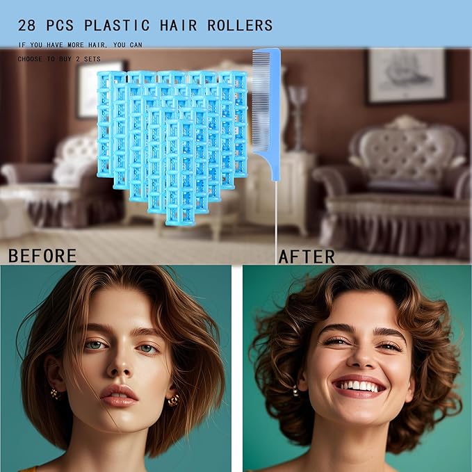 28PCS Small Rollers for Short Hair, 0.6in No Heat Tiny Curlers With Clips Small Roller Hair Curlers Set Mini Snap-On Plastic Hair Rollers(Blue)