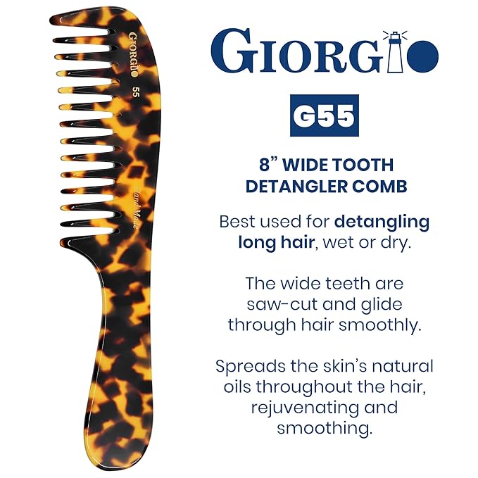 Giorgio G55 Wide Tooth Detangling Comb for Wet Hair, Hair Comb for Thin to Medium Thickness Hair, Combs for Women and Men, Handmade Large Tooth Rake Comb Saw-Cut and Hand Polished