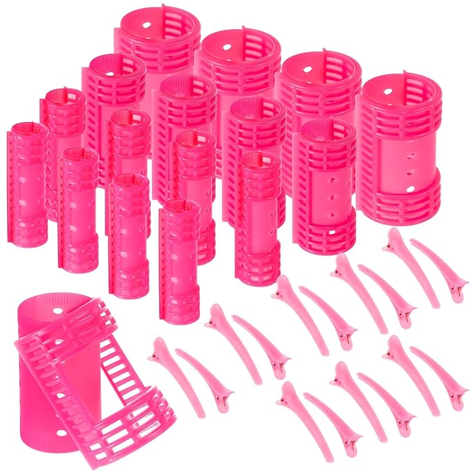 WILLBOND 65 Pieces Magnetic Hair Rollers Set Plastic Rollers Curlers with Clips 4 Sizes for Long Medium Short Hair, Duck Clips Hairnet Hairdressing Styling Tool(Pink)