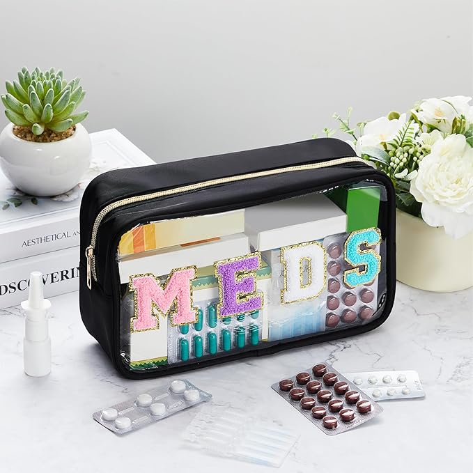 Geetery Medicine Bag Chenille Patch Meds Bags Portable Makeup Cases Preppy Patch with Zipper Cosmetic Travel Toiletry Storage for Women(Black,Original Meds)