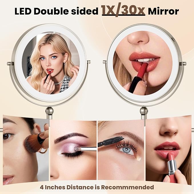 9" Wall Mounted LED Lighted Makeup Vanity Mirror - 4000mAh Rechargeable Double Sided 1X/30X Magnifying Mirror, 3 Color Lights Touch Dimmable, Height Adjustable Extended Arm 360° Swivel Bathroom Mirror