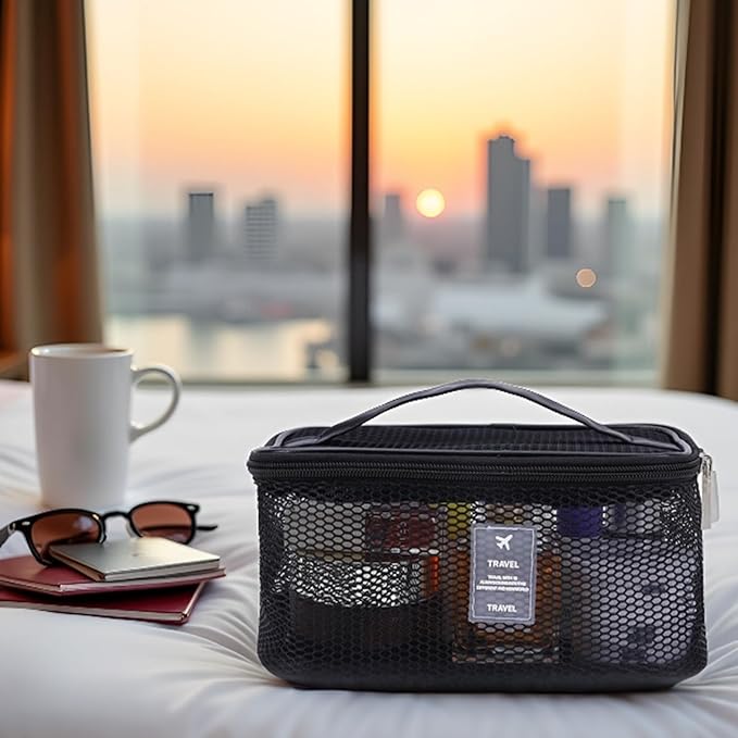 Mesh Makeup Bag, Breathable Cosmetic Bags with Zipper, Travel Lightweight Make Up Organizer Mesh, Toiletry Bag with Handle for Women Girls Gift, Black