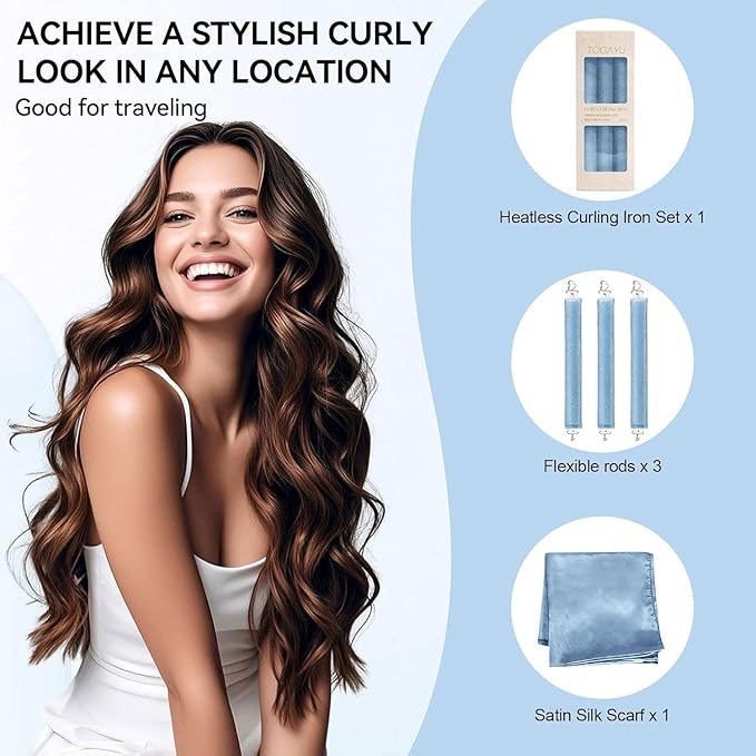 Heatless Curls Overnight Set - Jumbo Overnight Hair Curlers to Sleep In, Soft Velvet Hair Rollers for Women, No Damage Curls Styling Tools (8pcs Blue）