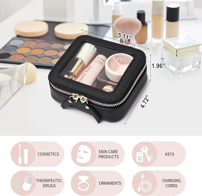 Clear Makeup Bag Set Portable Travel Cosmetic Bag and Toiletry Bag Women's Purse Pouch Cosmetic Stroage Organizer Bag with Zipper Car Essentials (Black, M+Mini)