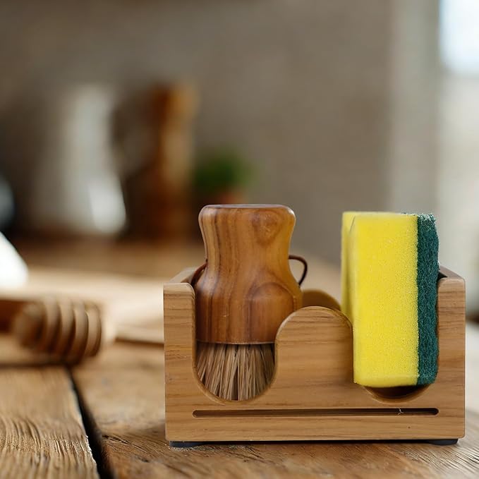 HTB Sponge Holder for Kitchen Sink,Teak Wood Dish Sponge Caddy Rack Tray Stand with Drain,Kitchen Sink Storage Organizer Countertop