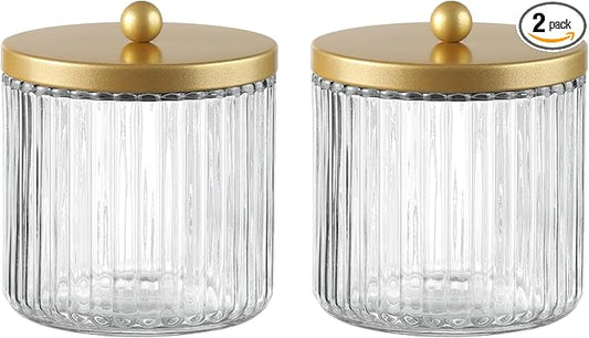KMwares Matte Golden Yellow Set of 2 Glass Qtip Holder Dispenser Set for Cotton Ball, Swab, Round Pads, Floss Picks - Bathroom Canister Storage Organization and Vanity Makeup Organizer